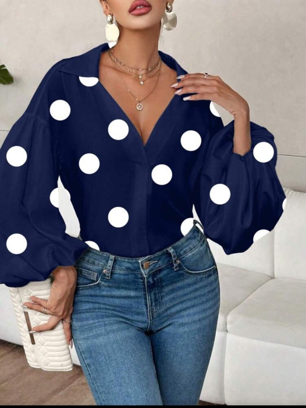 Classic Polka Dot V-Neck Balloon Sleeve Top Blouse Shirt Navy Blue New